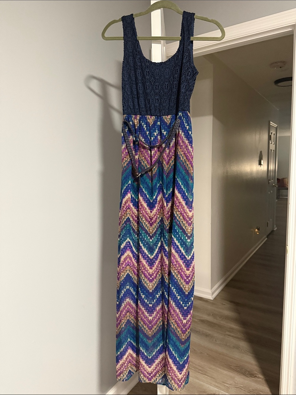 Lily Rose Navy Crochet Top Multicolor Chevron Maxi Dress